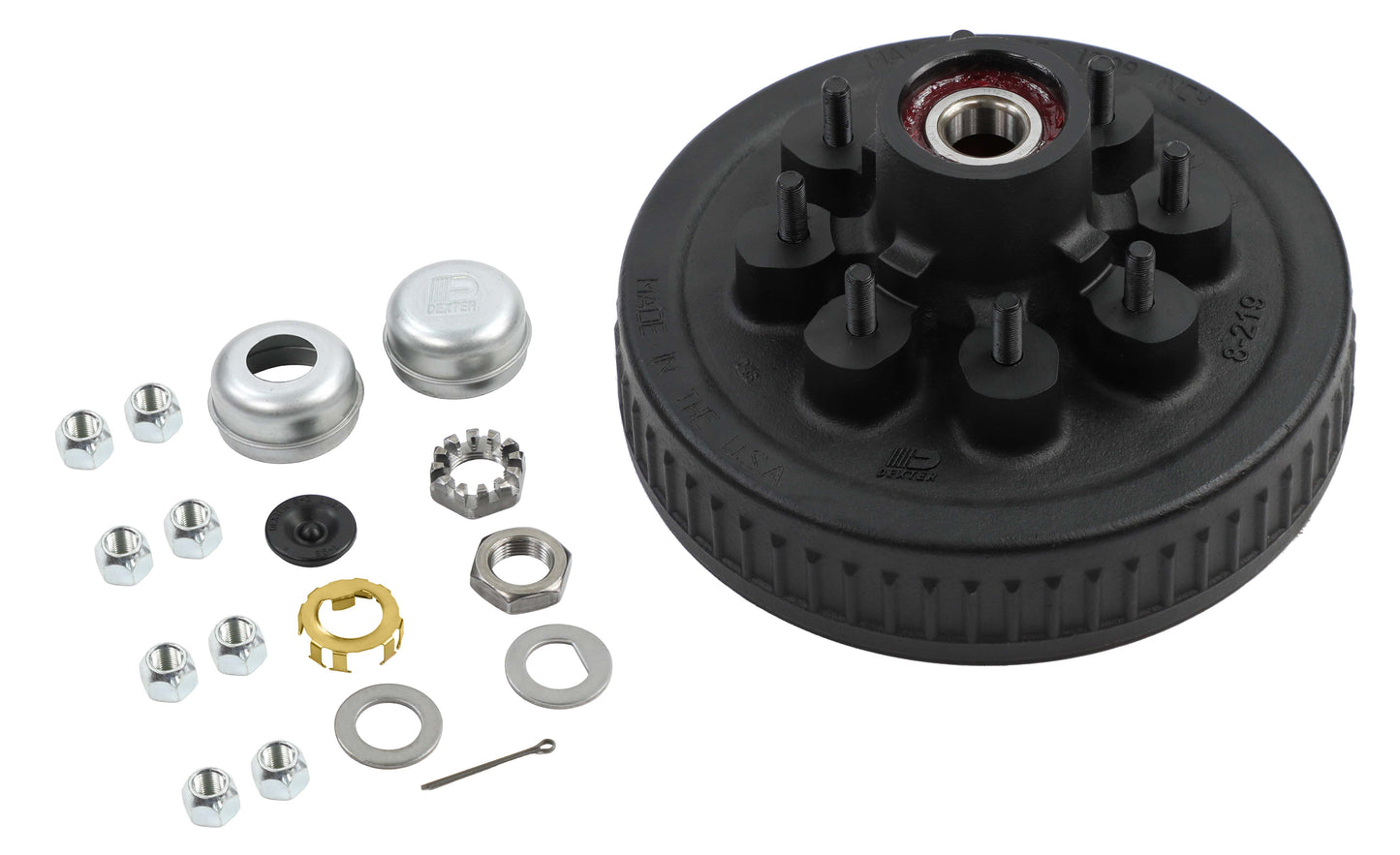 Dexter® Complete Pre-Greased Hub-Drum Assembly, Retail Boxed, #42 Spindle, E-Z Lube® or Grease Lube, Lube, 5.2K-7K Capacity Per Pair, 8 on 6.5" Bolt Pattern, 1/2" Studs, Pregreased